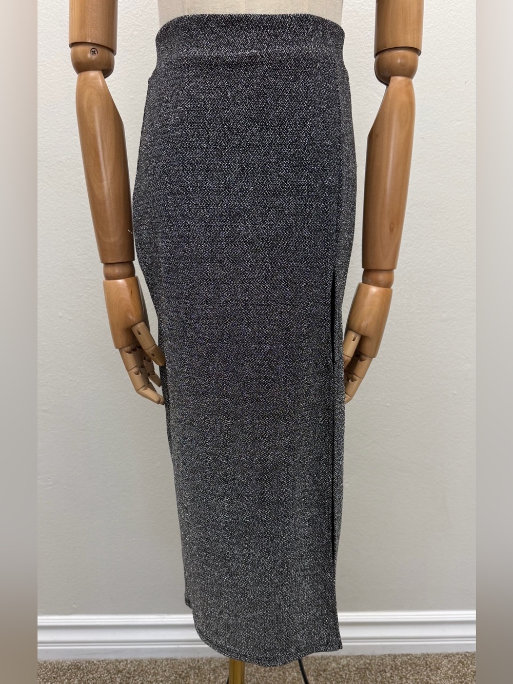 H&M Silver Metallic Knit Midi Pencil Skirt Side Slit Stretch XS